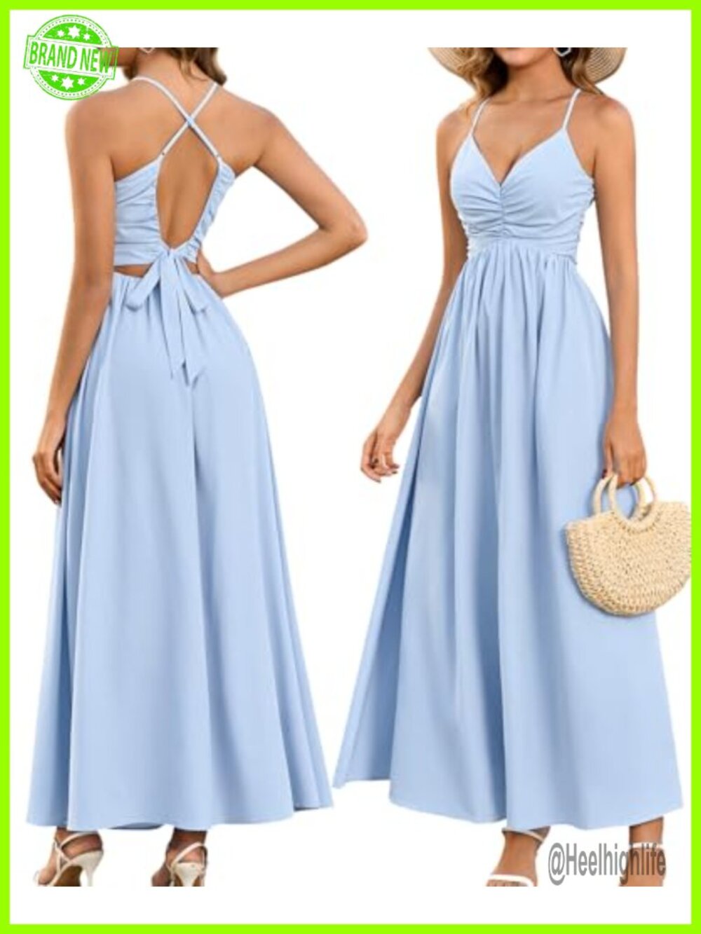 Boho Maxi Dress Spaghetti Strap V Neck Ruched Backless Summer Beach Vacation